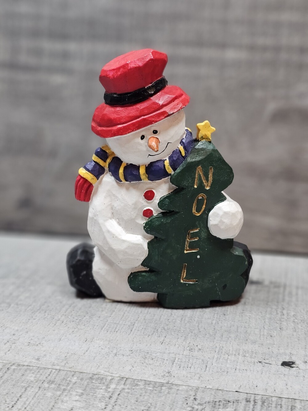 Vintage Christmas Carved Snowman Folk Art Cabin Resin Figurine Noel Kitschy 5.5"